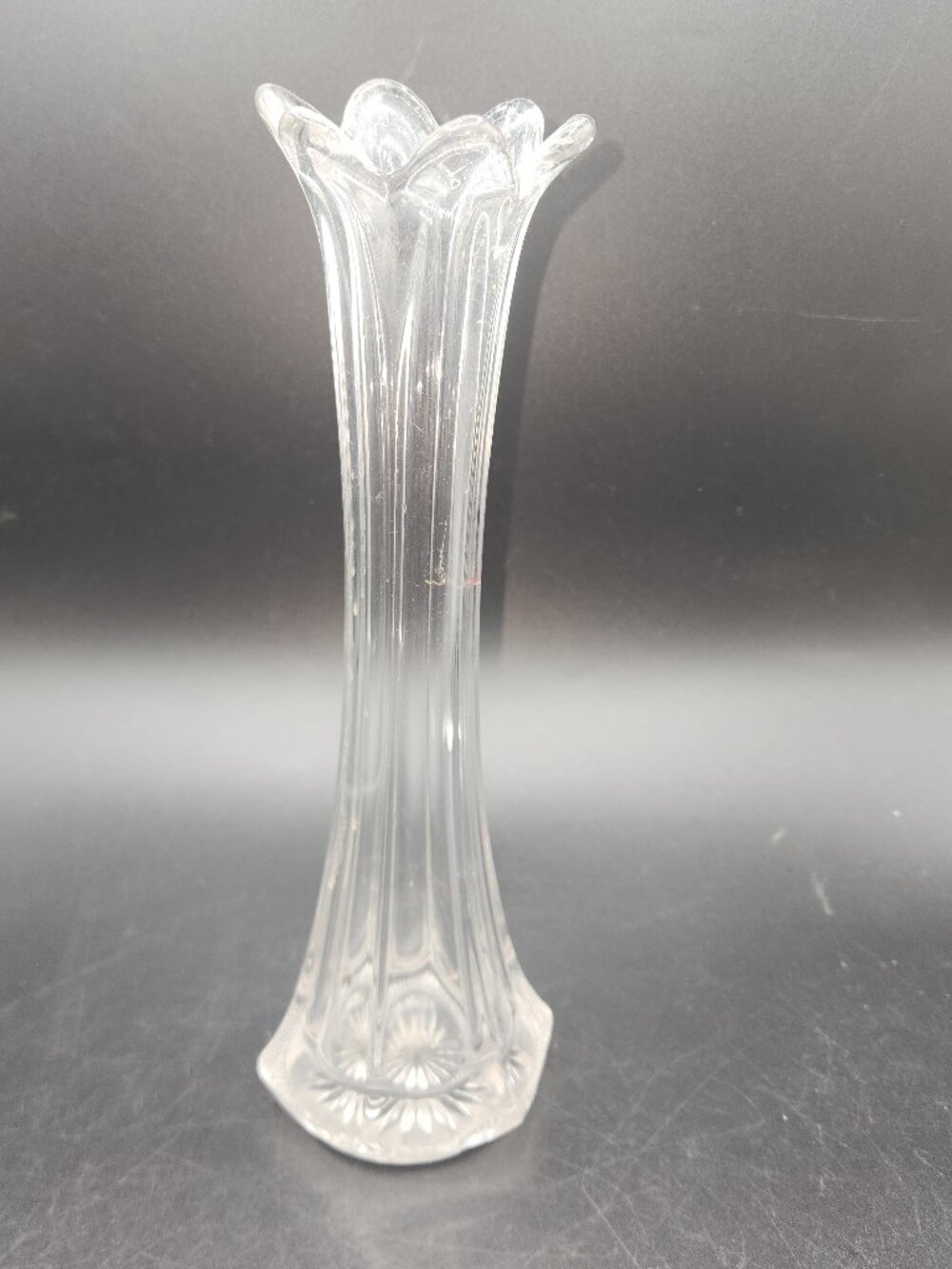 Vintage Clear Swung Glass Vase 10.75" Six Finger Pressed Design